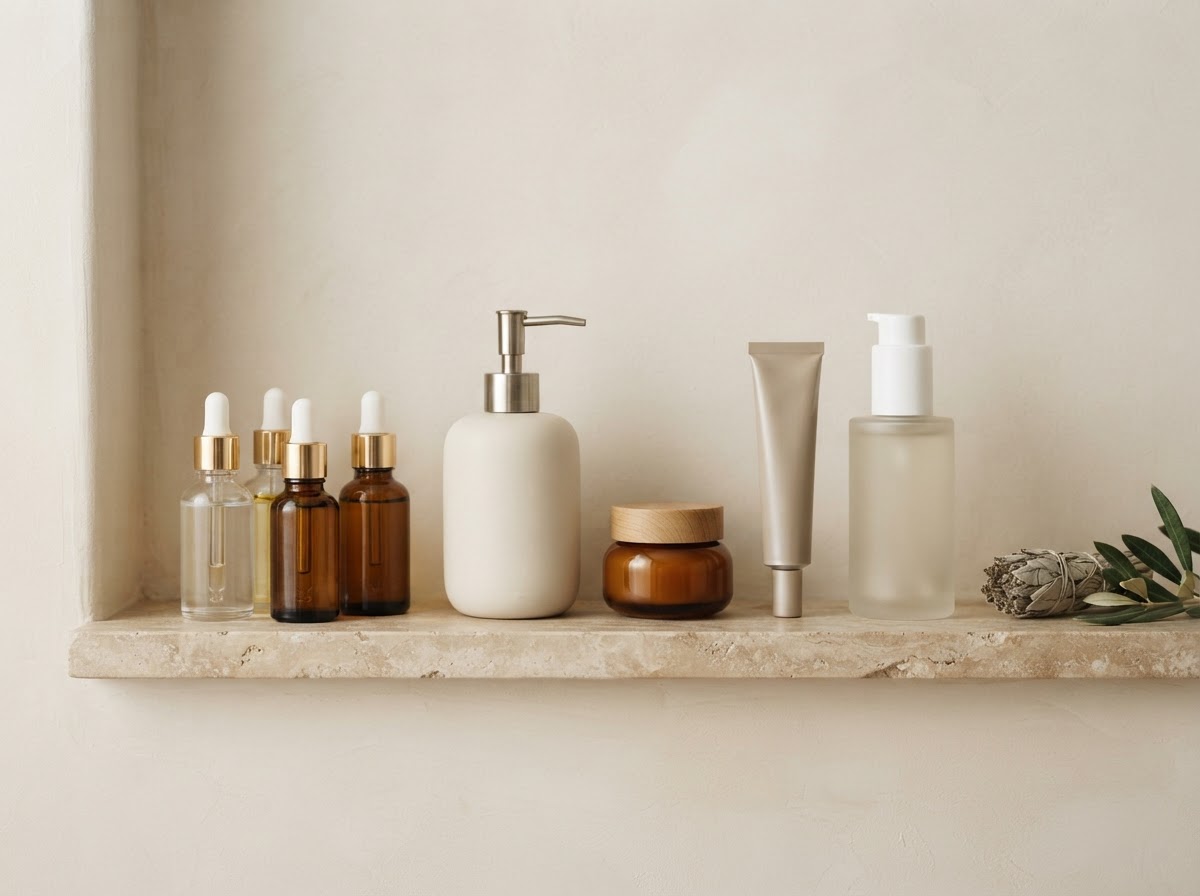 Skincare bottles and jars arranged by category on a warm stone shelf with soft ivory backdrop