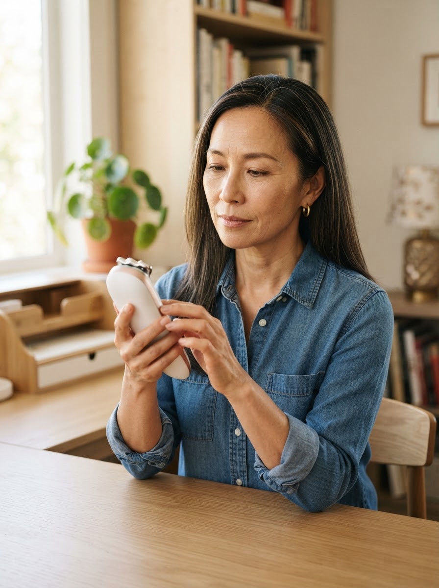 An Asian woman around 50 examining a sleek handheld beauty device in her hands, thoughtfully deciding whether it is worth buying