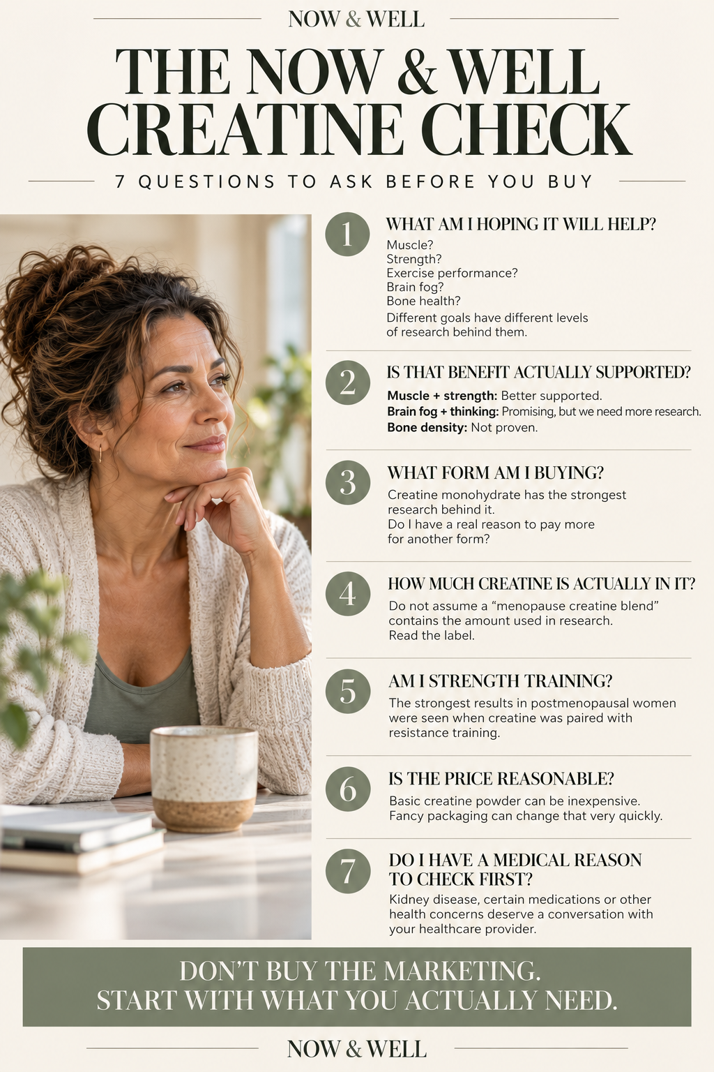 Now & Well creatine checklist for women considering creatine after 40.