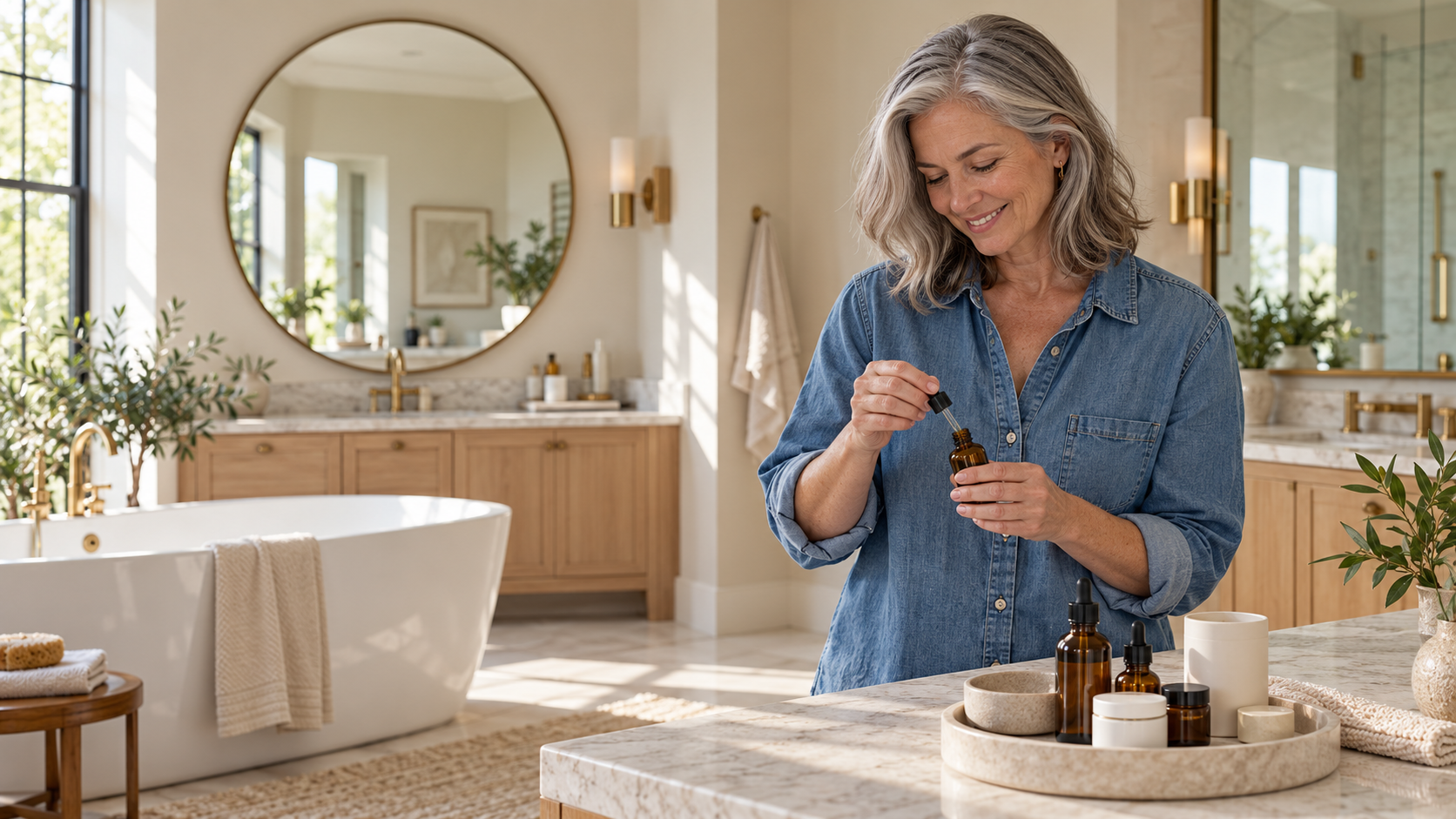A smiling midlife woman with silver hair in a denim shirt preparing her skincare serum at a sunlit vanity