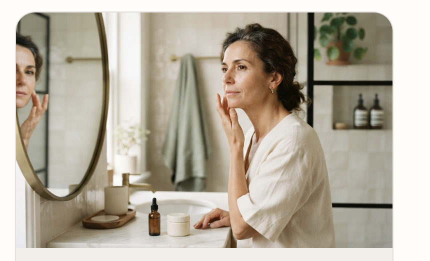 Woman examining dry menopausal skin in bathroom mirror