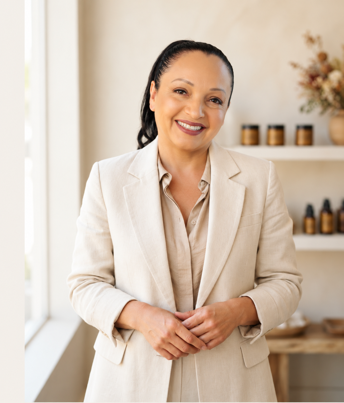 Portrait of Margarita, founder and licensed esthetician, in warm natural light wearing an elegant cream linen blazer