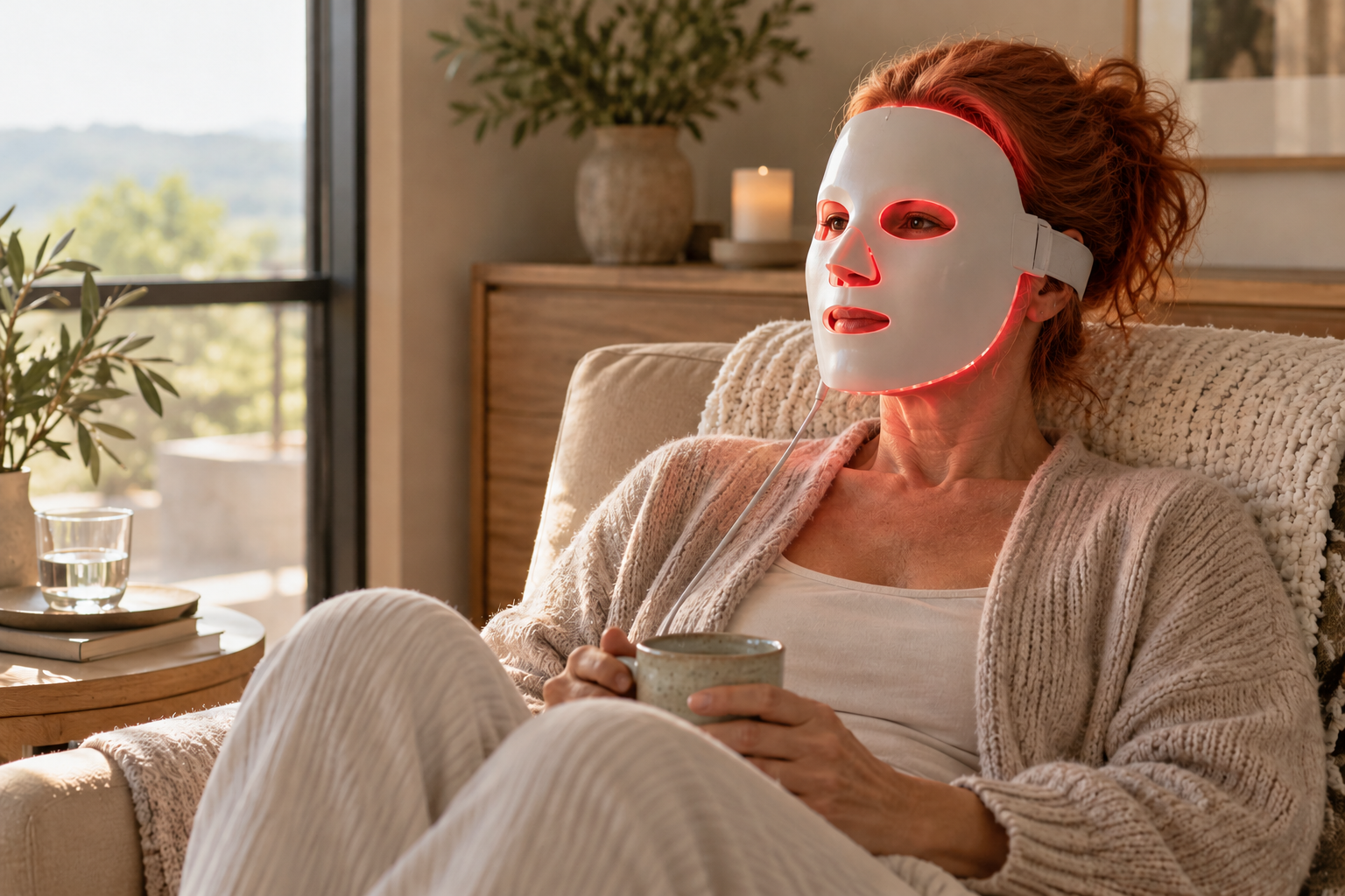 Midlife woman using an LED red light therapy mask at home