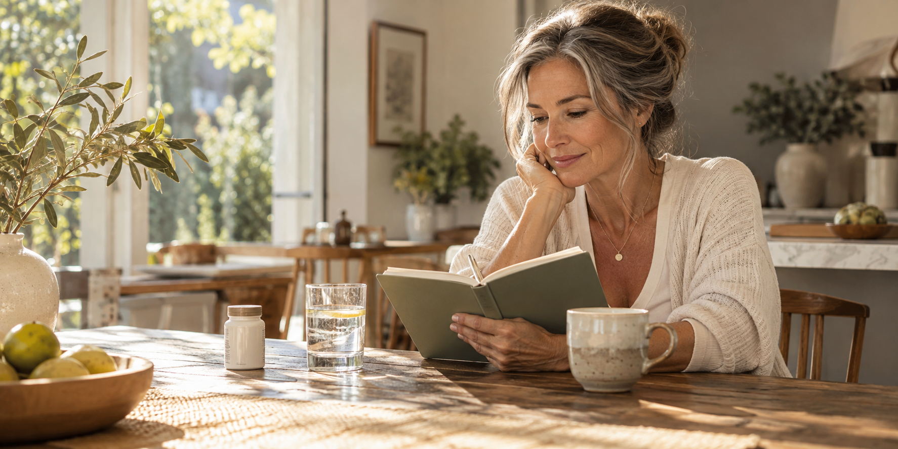 Midlife woman thoughtfully reviewing her wellness routine during a quiet morning