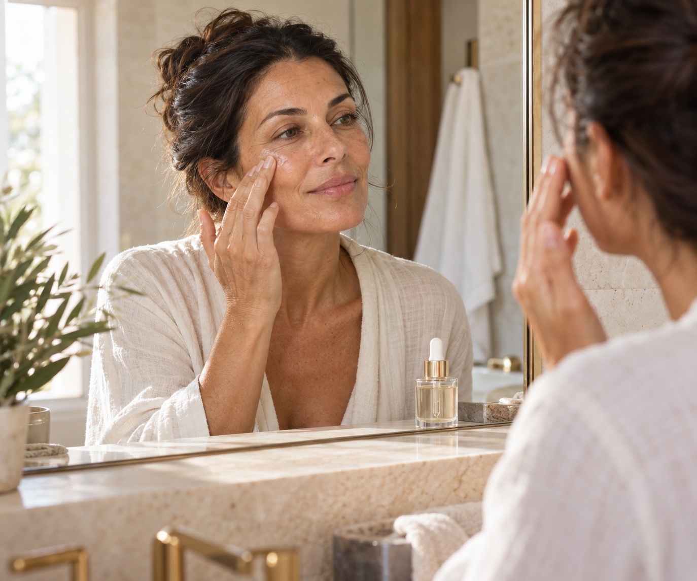 A Mediterranean woman around 50 looking into her bathroom mirror while gently pressing facial serum into her cheek with a glass dropper bottle nearby