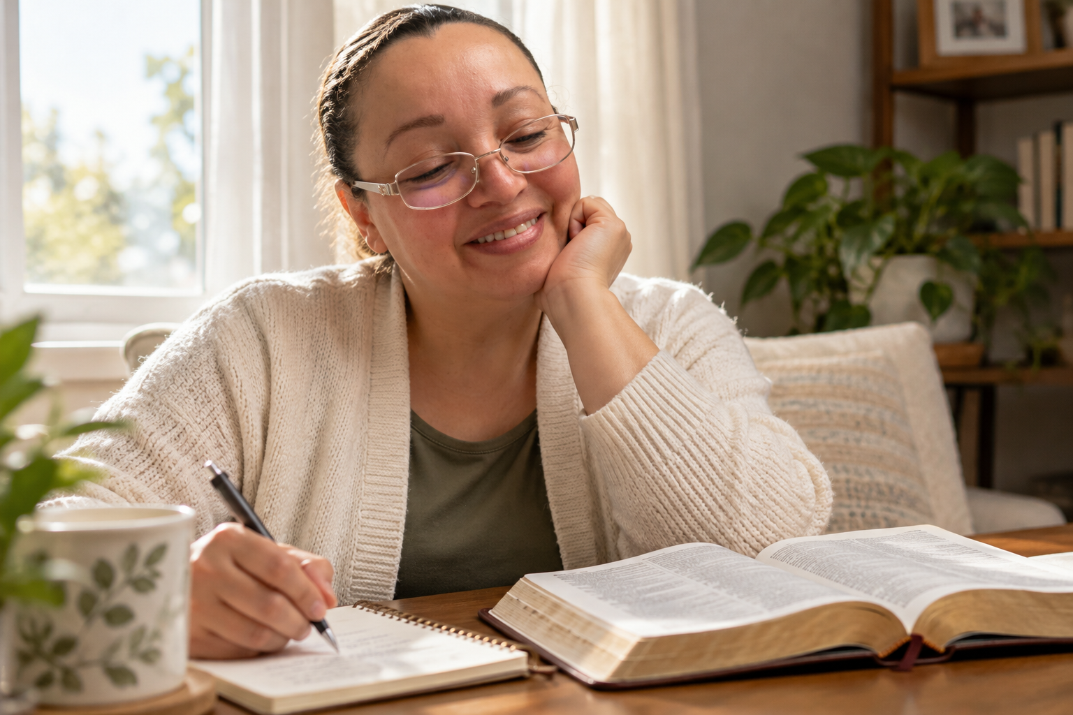 Margarita Santiago reading and journaling during a quiet morning of reflection