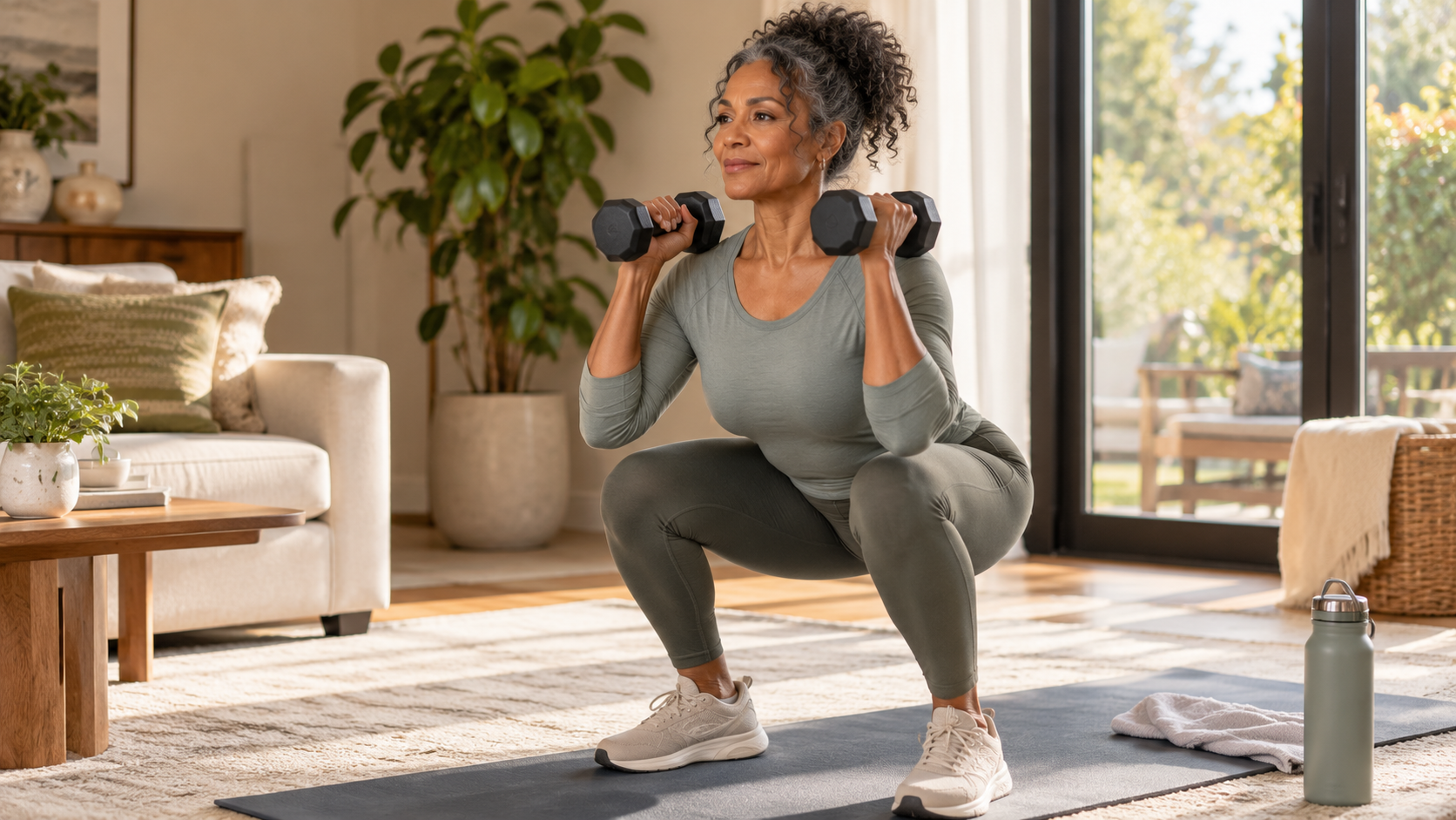 Midlife woman doing strength training as part of a healthy routine.