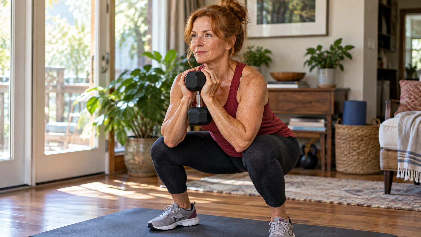 Midlife woman doing realistic resistance training at home.