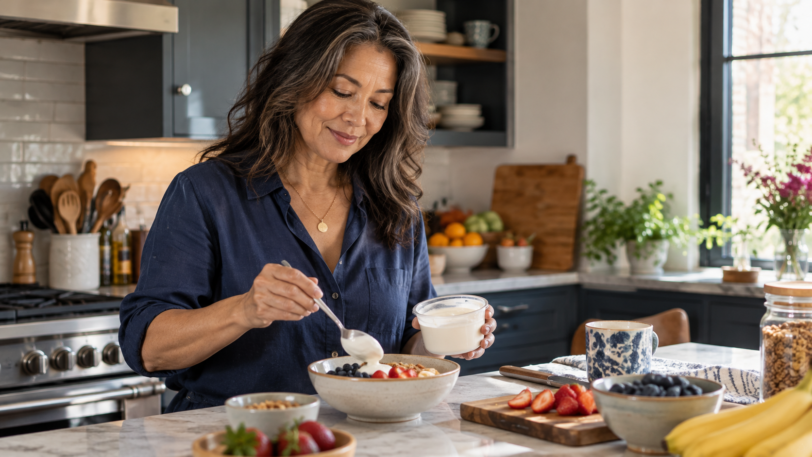 Midlife woman preparing a high-protein breakfast as part of a realistic wellness routine.