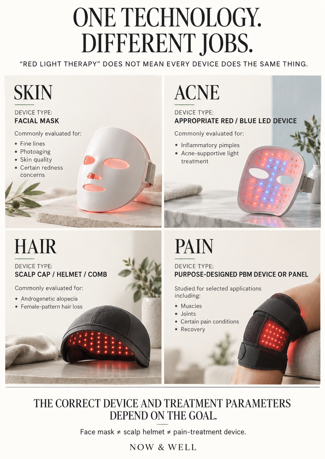 Different red light therapy devices for skin acne hair and pain
