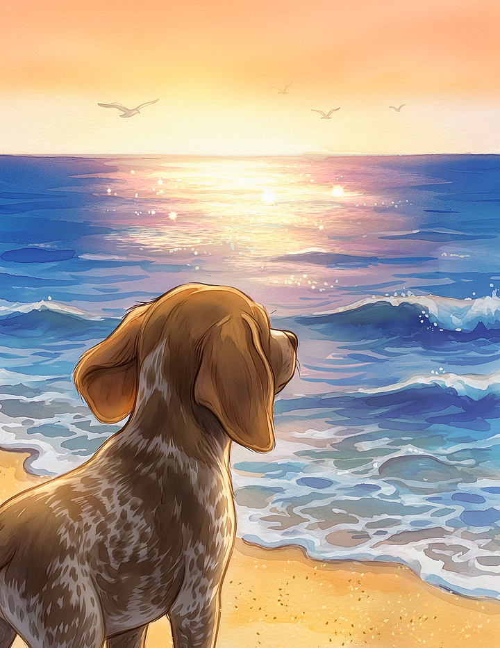 Sandy Paws and the Ghost of Lilly Girl illustration featuring puppy Maizie on the beach gazing at seagulls over the ocean