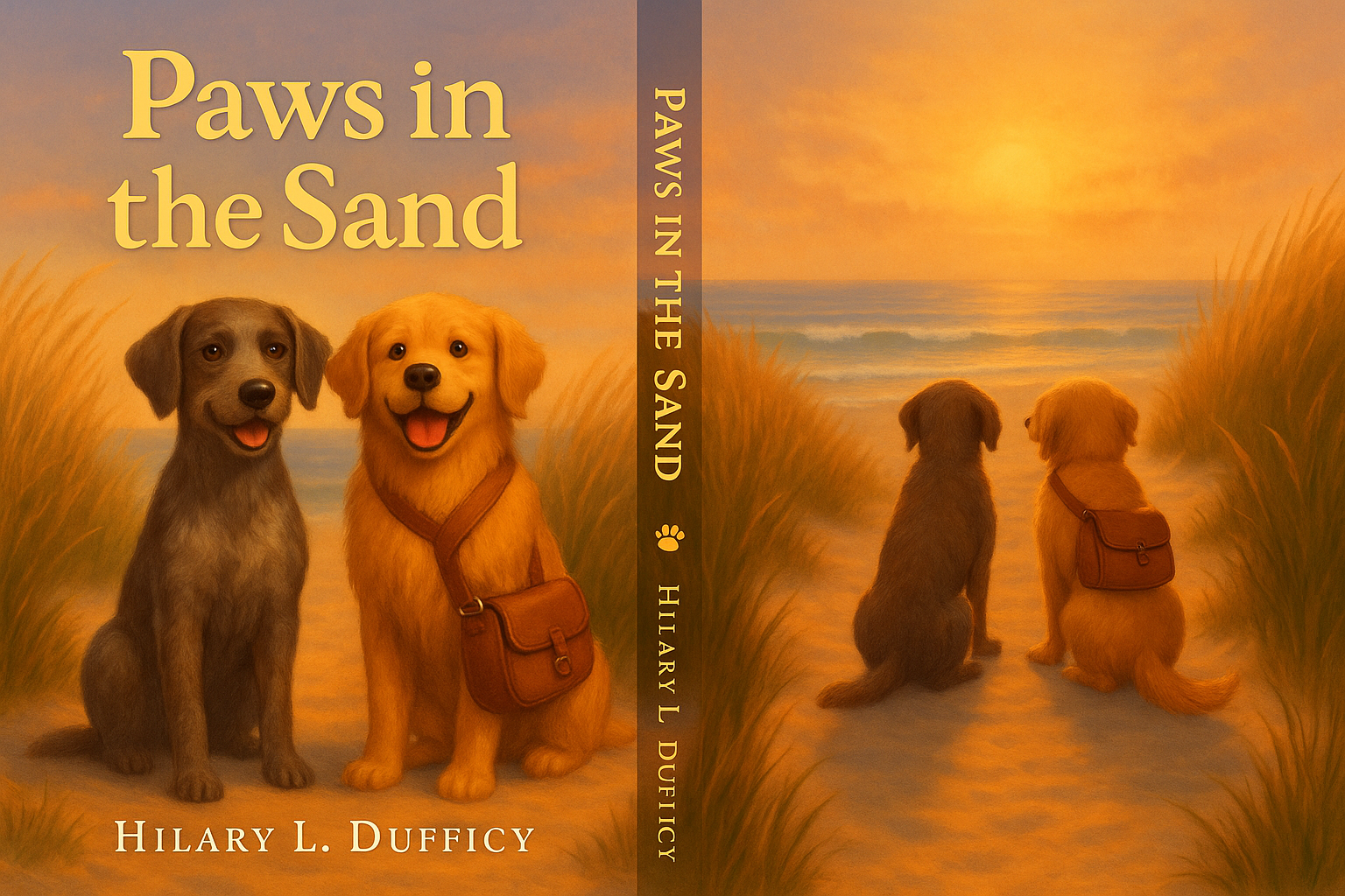 Full book jacket for Paws in the Sand by Hilary L. Dufficy featuring Lilly and Mater on Nantucket beach at sunset