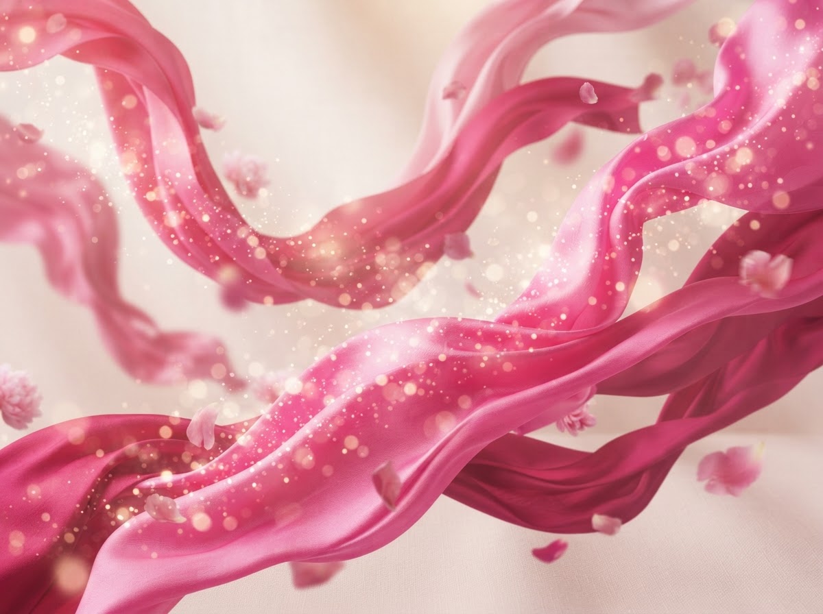 Pink Power — flowing pink ribbons and editorial floral elements representing breast cancer awareness