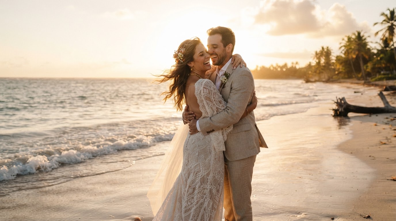 Pareja abrazándose al atardecer en una playa de República Dominicana