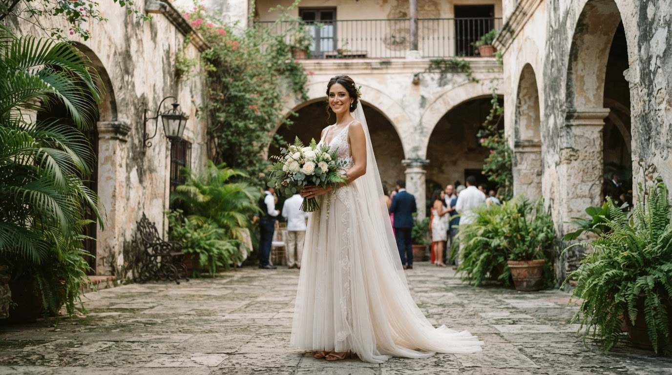 Novia en un patio colonial en Santo Domingo