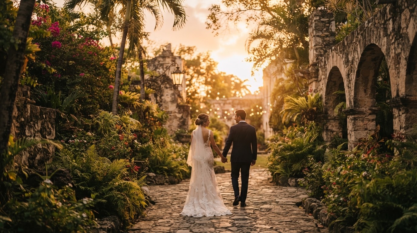 Pareja caminando por un jardín colonial al atardecer