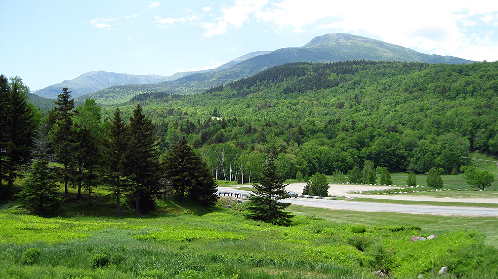 Mount Washington and the Presidential Range rising above Gorham, New Hampshire