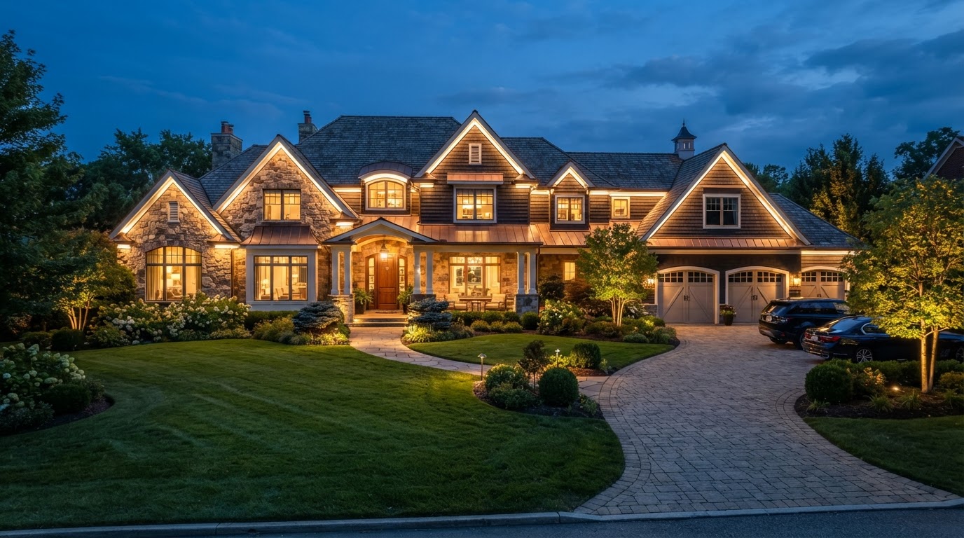 Home roofline professionally illuminated with permanent LED lighting at night