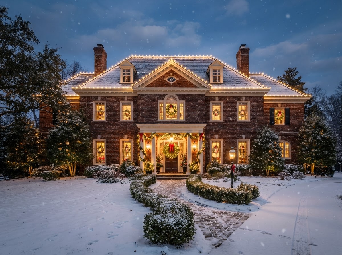 Stately brick home with classic elegant Christmas roofline lighting at night