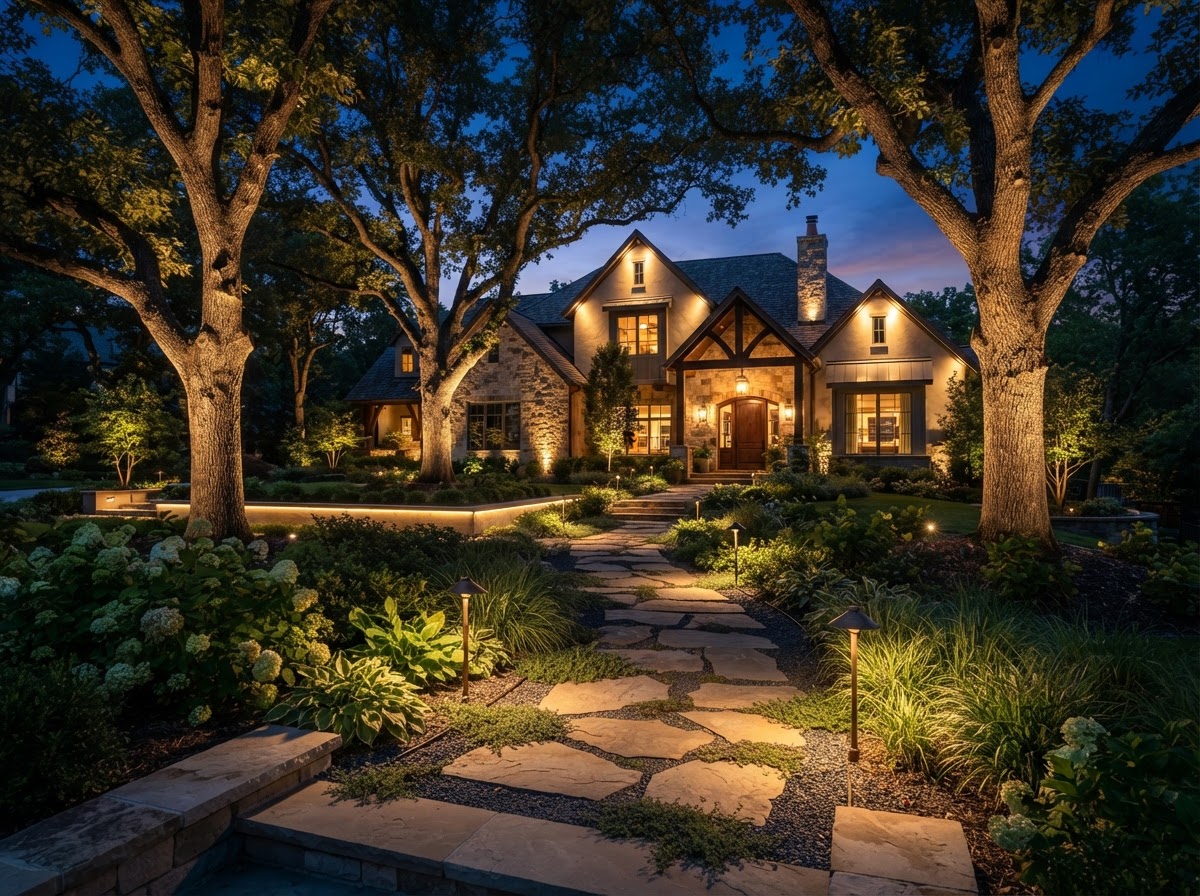 Warmly uplit trees, architectural facade, and a stone walkway at dusk