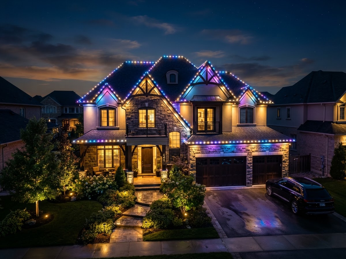 Roofline glowing with colorful permanent LED lighting at night