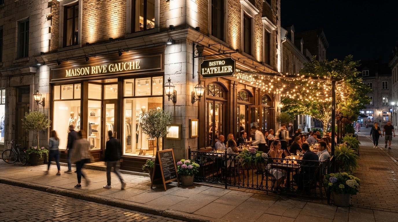Commercial building and storefront illuminated with warm architectural exterior lighting at night
