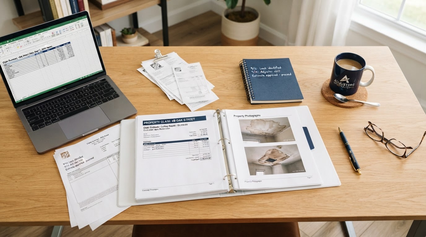 Organized claim documentation — estimates, receipts, and photographs on a desk