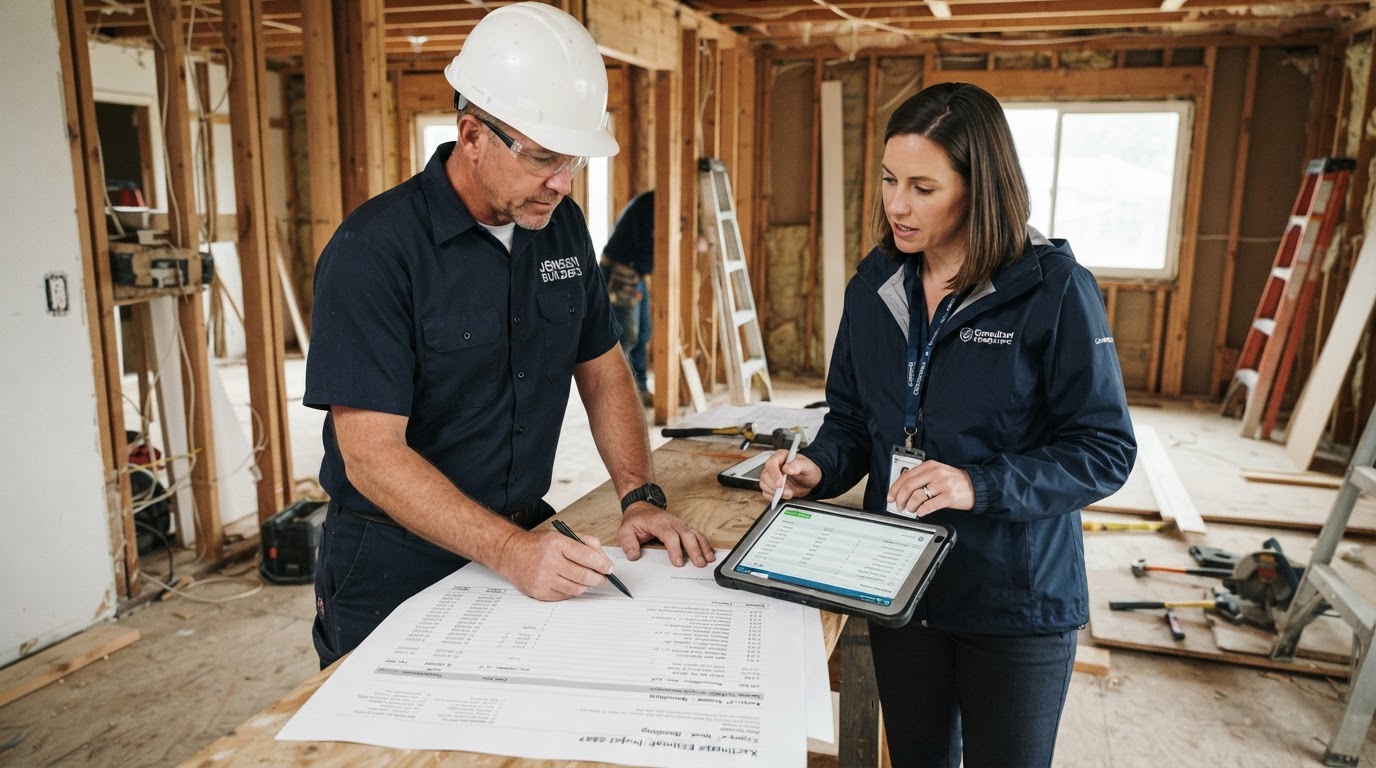A contractor and consultant reviewing an estimate at a residential construction site