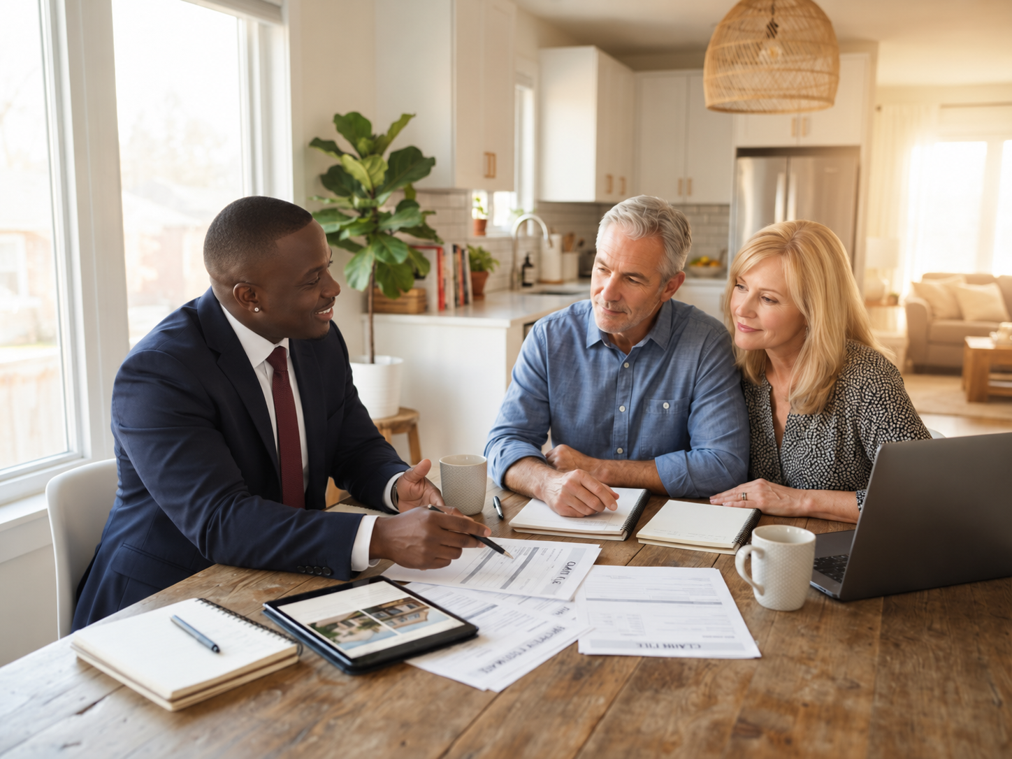 A knowledgeable consultant reviewing claim documents and estimates with a homeowner