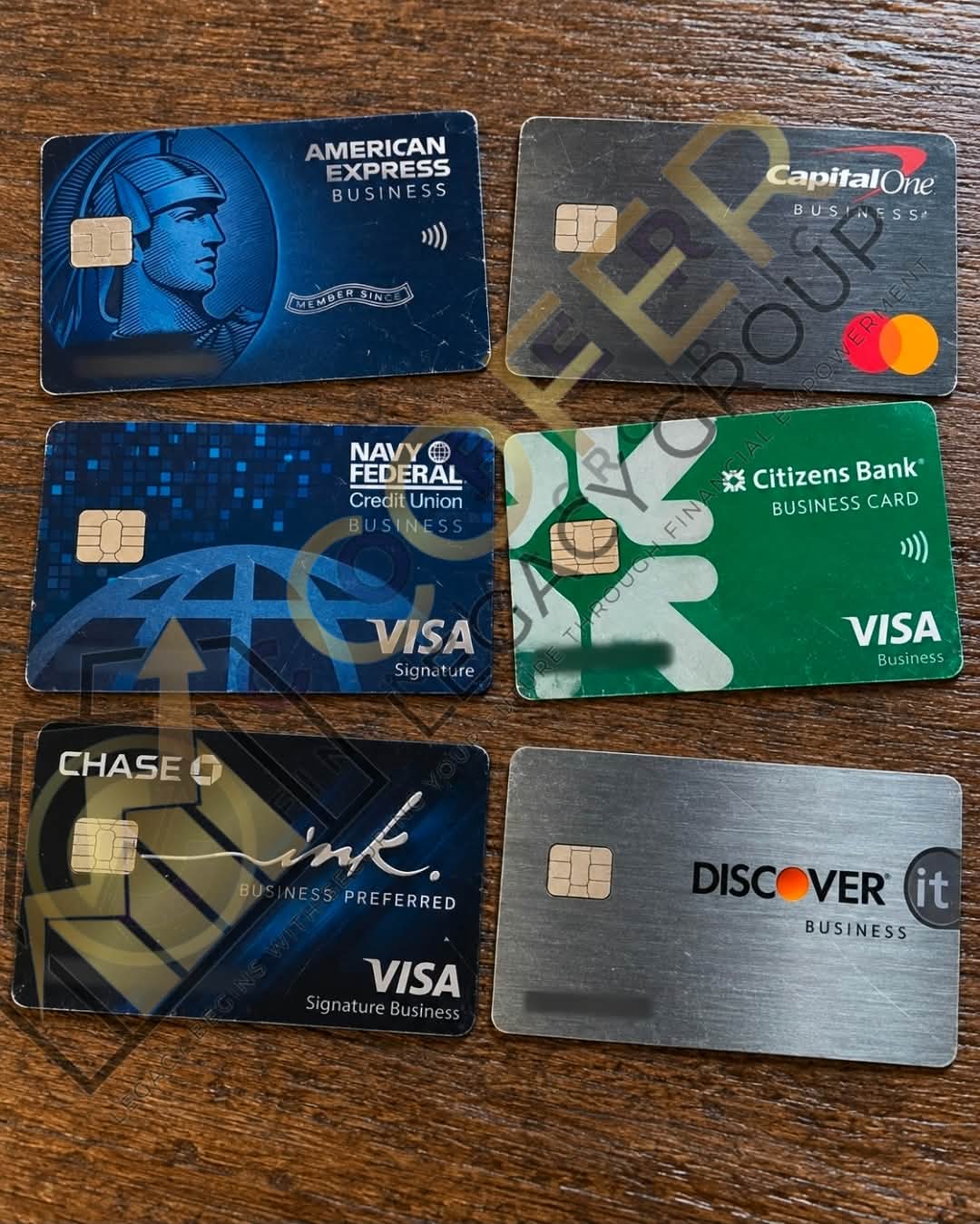 Client showing stacked business credit approvals including Chase Ink Preferred, Amex Business, Navy Federal