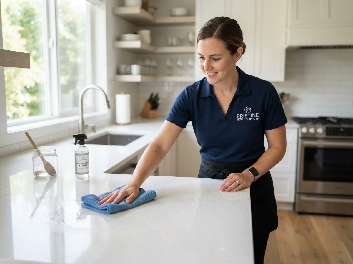 Professional cleaner wiping a sparkling kitchen countertop