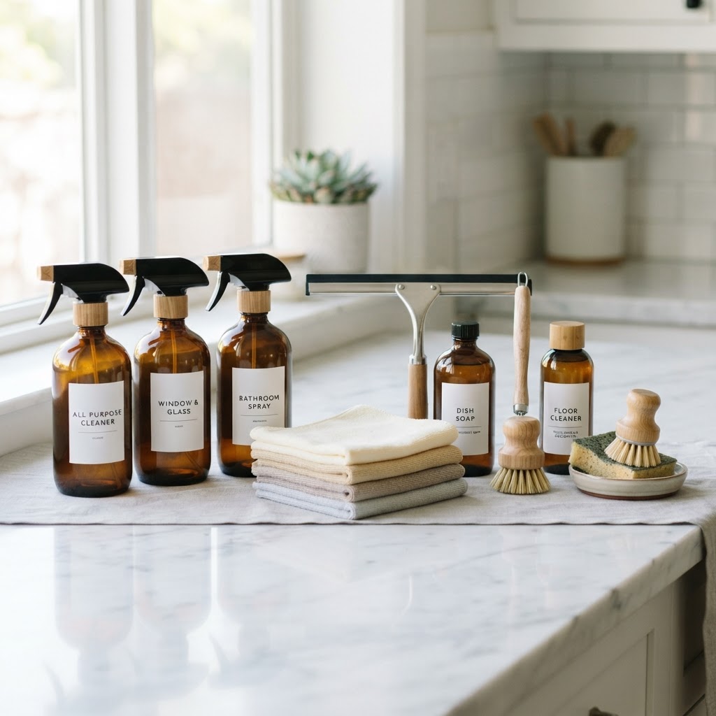 Neatly arranged eco-friendly cleaning supplies