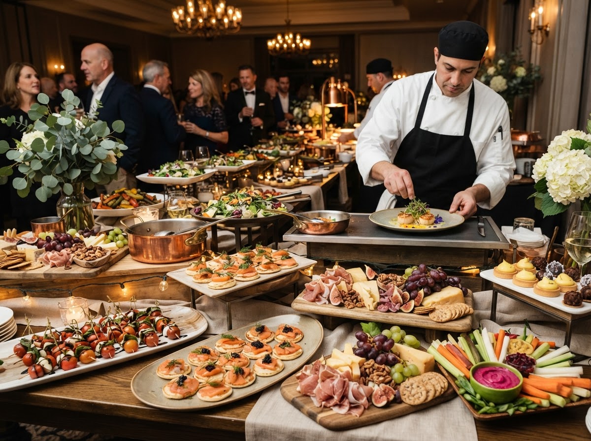 Artisan catering display with plated dishes and chef action station