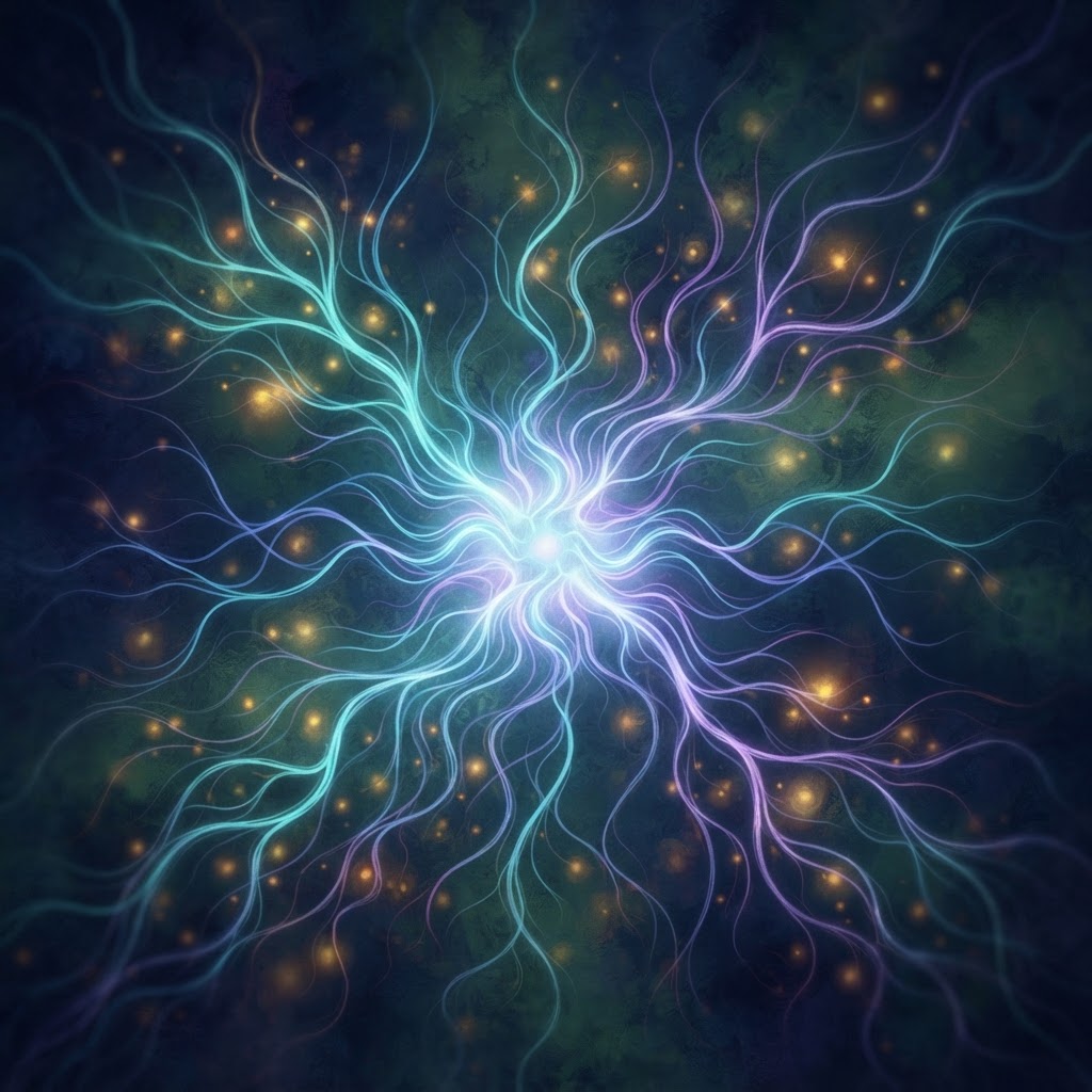 Abstract bioluminescent neural branches spreading outward in calm cyan, violet, and amber light