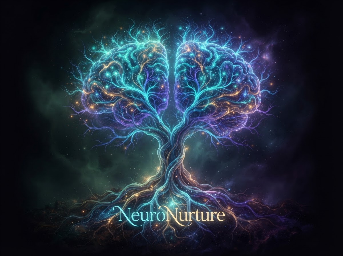 NeuroNurture bioluminescent dual-hemisphere brain tree of life in cyan, violet, and gold