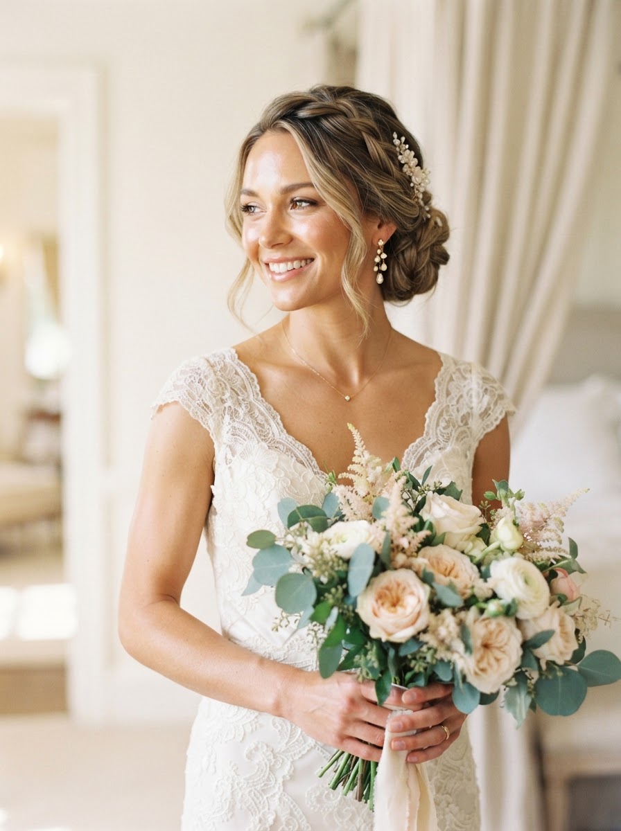 Bride with elegant soft updo and natural makeup