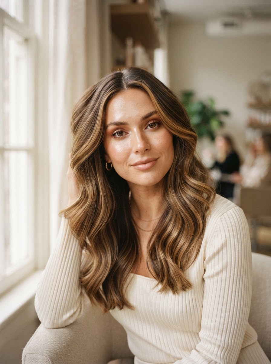 Woman with dimensional balayage hair and natural glowing makeup