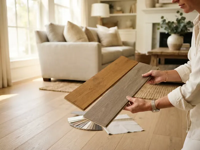 Flooring samples presented during an in-home consultation