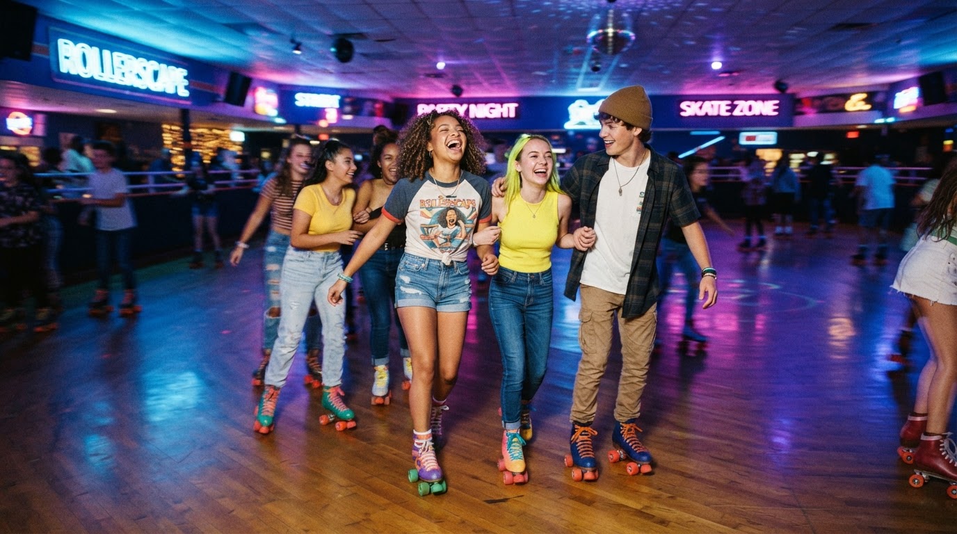 A group skating together at the rink