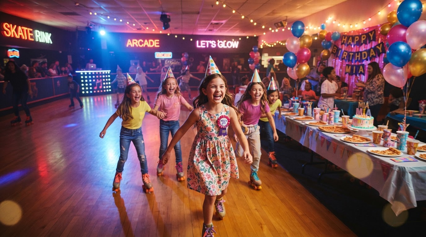 Kids celebrating a birthday party at the skating rink