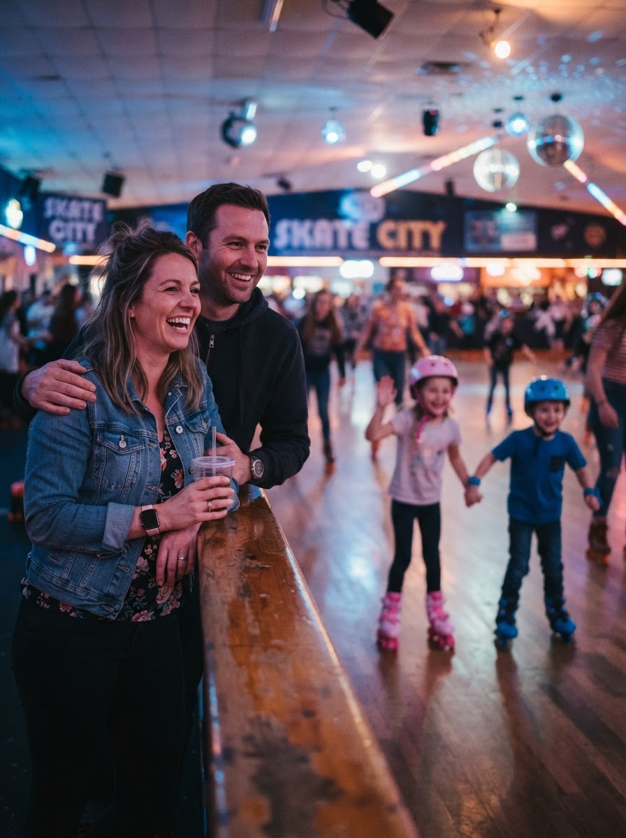 A family enjoying a day at the rink