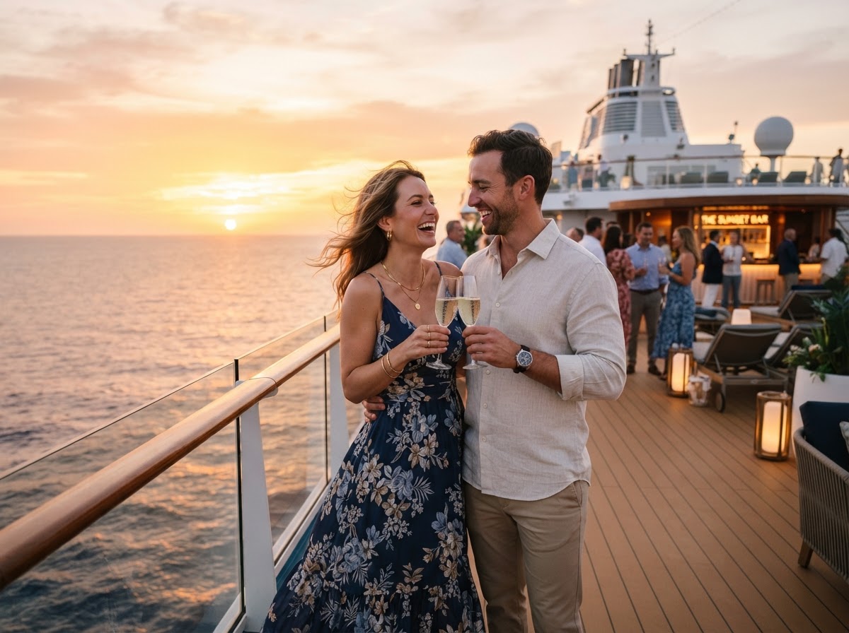 Happy couple celebrating on a luxury cruise at sunset