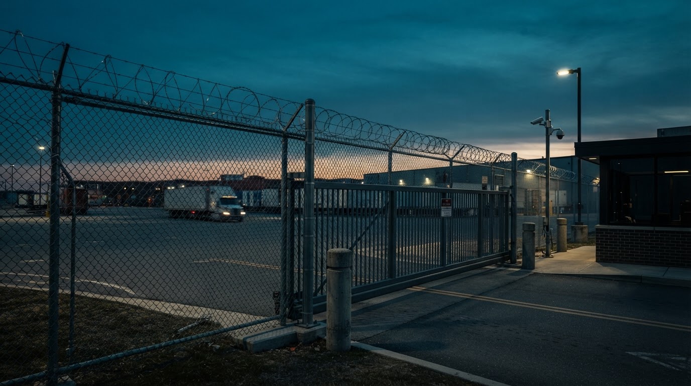 High-security industrial perimeter fencing and automated gate at a St. Louis logistics facility at dusk