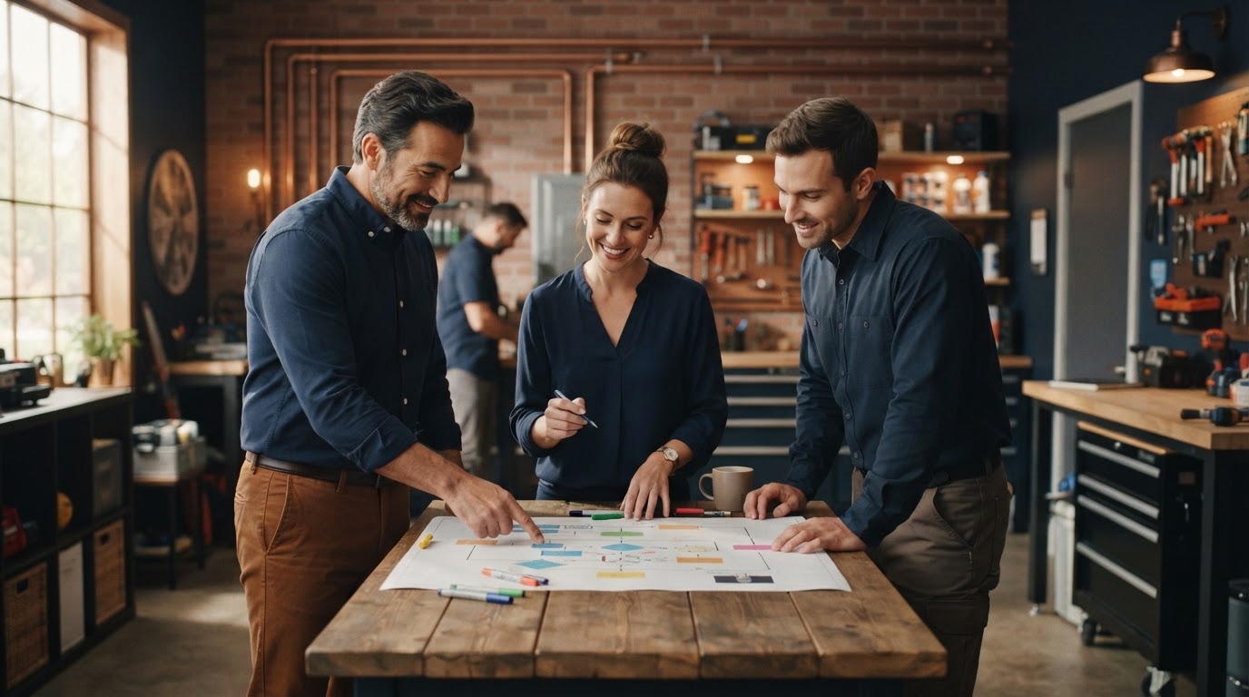 HVAC service-business owner, office manager and technician reviewing a printed workflow chart together