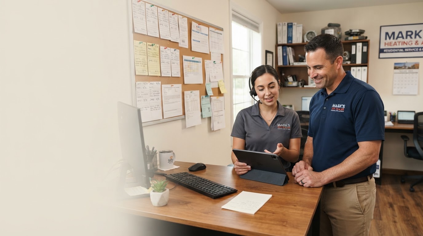 HVAC owner and dispatcher reviewing a customer inquiry on a tablet in a service-business office