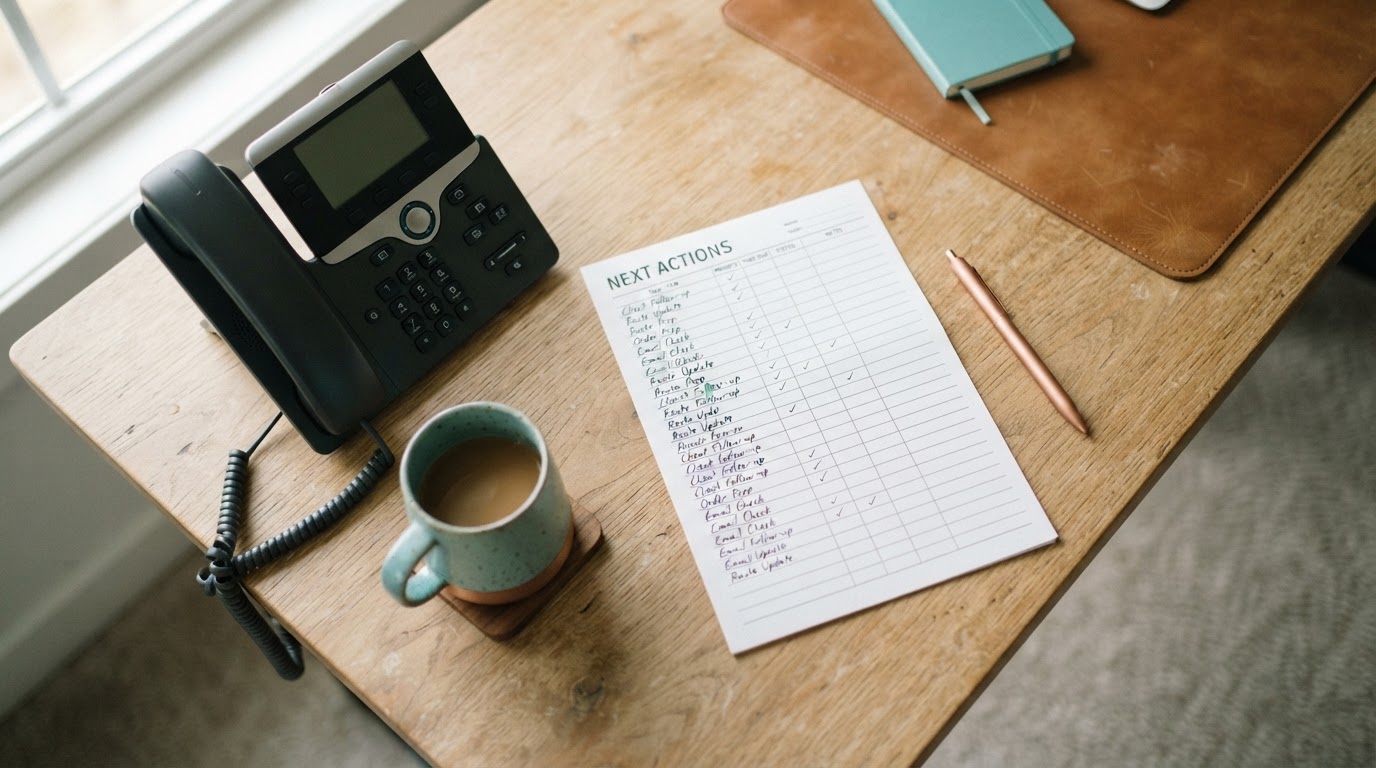 Overhead view of a dispatcher desk with a phone, a simple paper next-action ledger and a pen