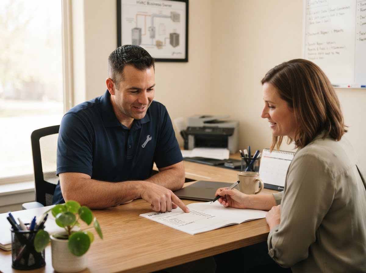 HVAC owner and office colleague reviewing a simple estimate with fabricated financial totals