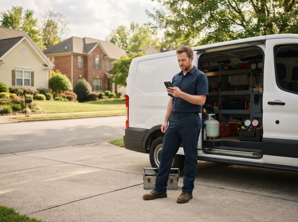 Residential HVAC technician receiving an approved next-action request on a phone beside a service vehicle