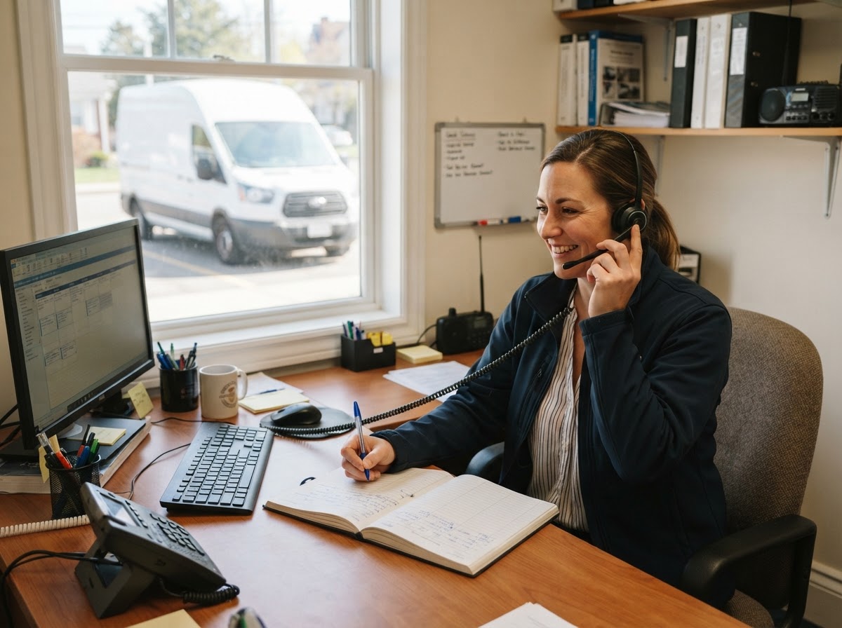 Office dispatcher returning a customer inquiry by phone with an unbranded service vehicle visible outside