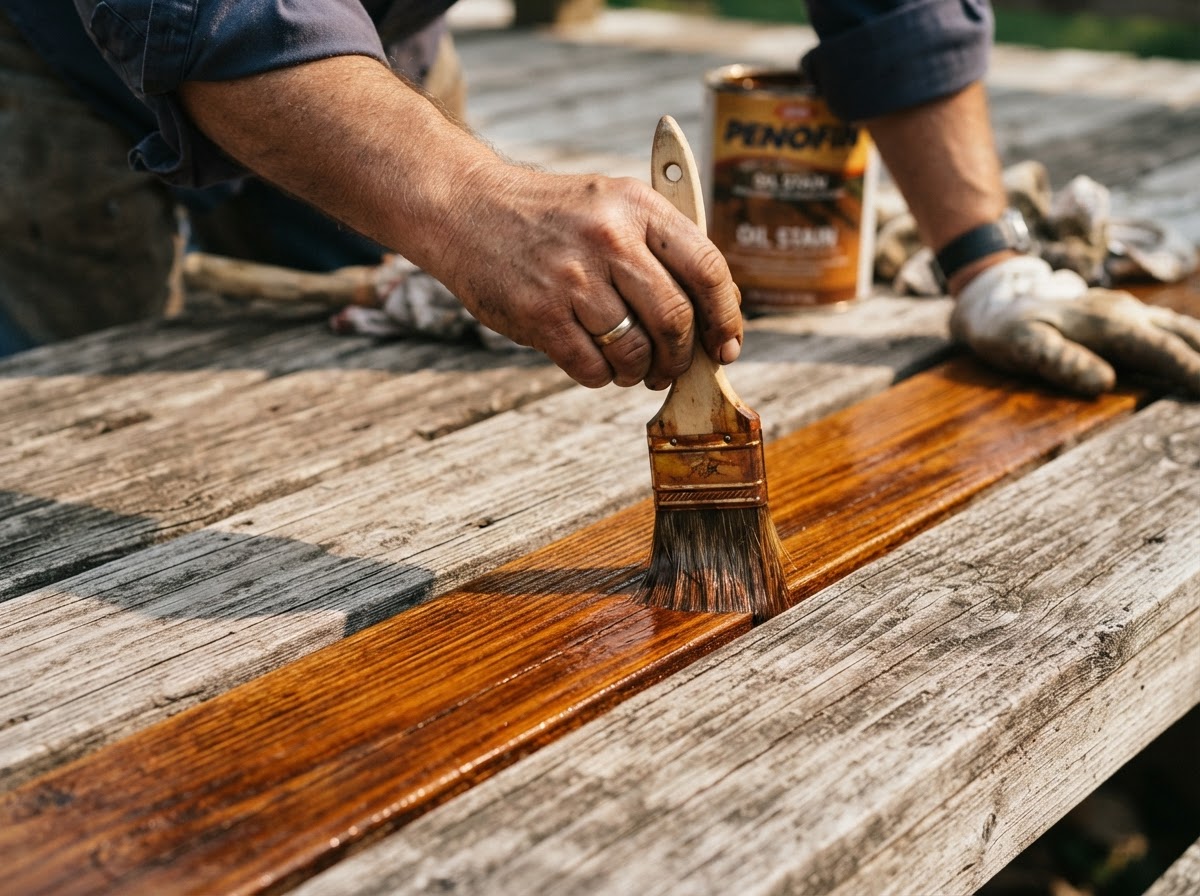Craftsman applying oil stain to cedar deck wood